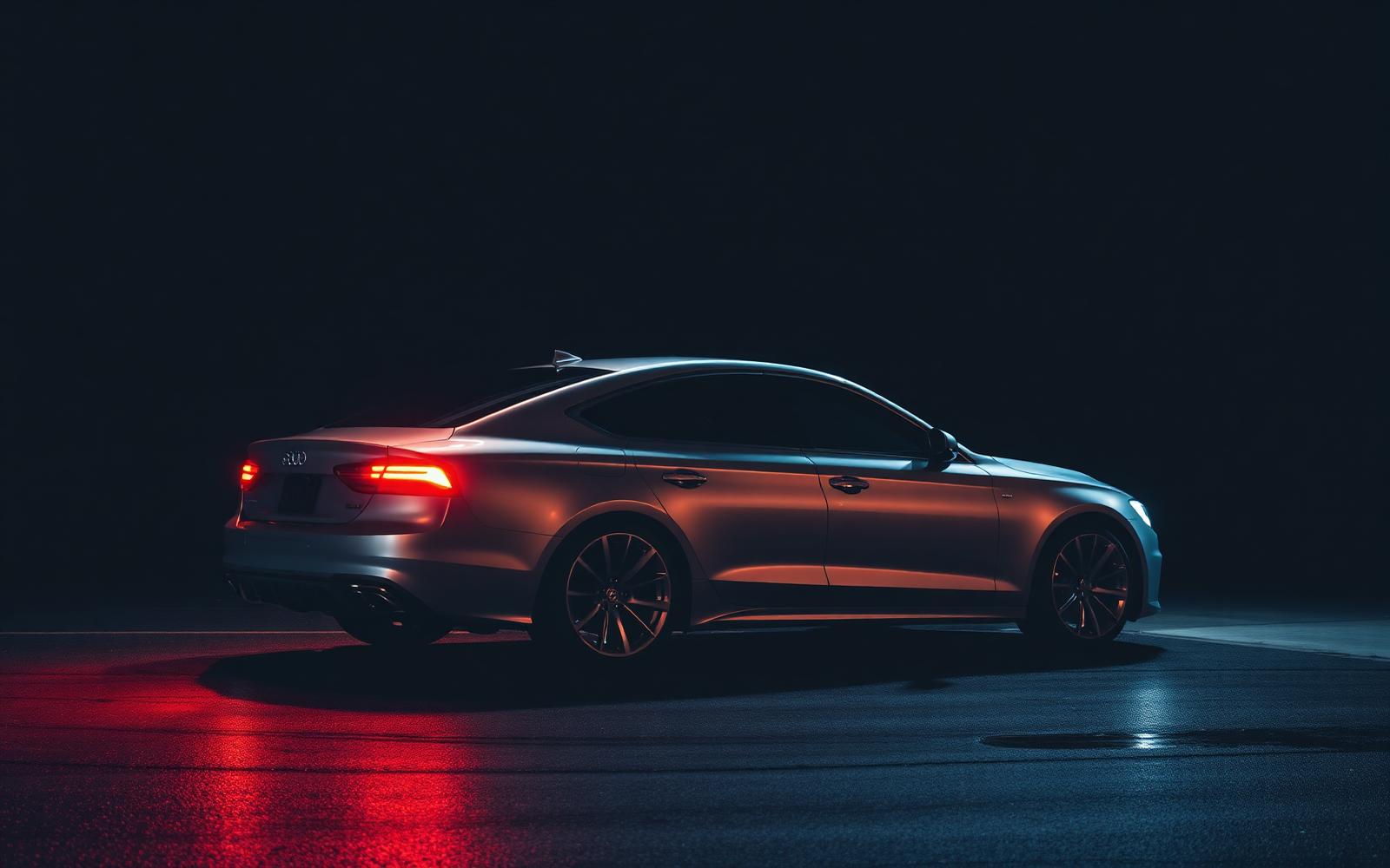 Silver sedan lit at night, available for peer-to-peer rental